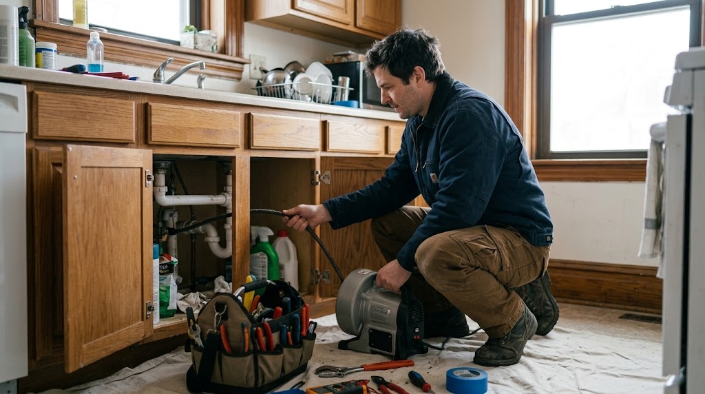 Professional electric drain cleaning cable clearing kitchen sink line in Jamaica Estates