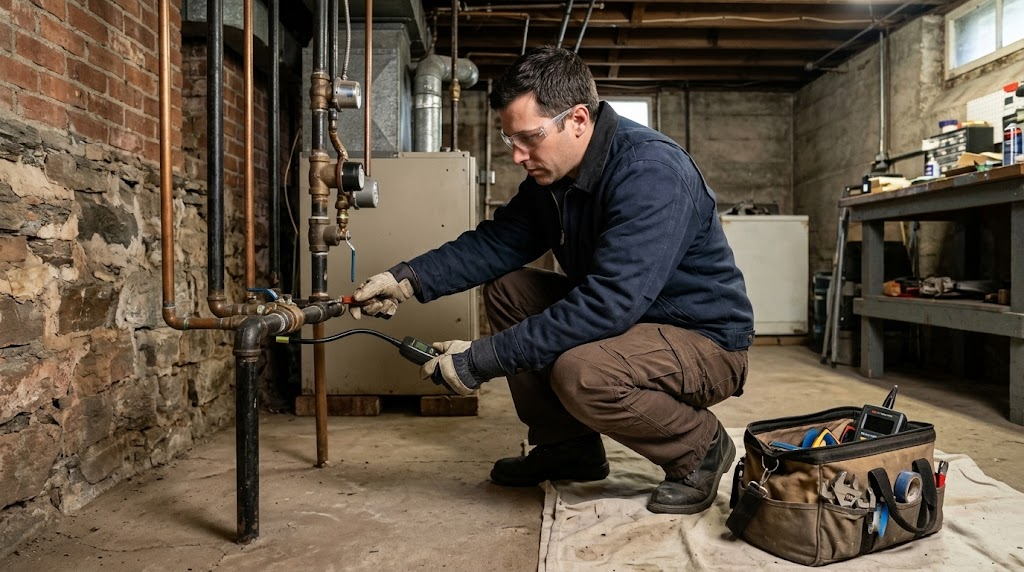 Natural gas piping pressure test and manifold inspection in Jamaica Estates, Queens