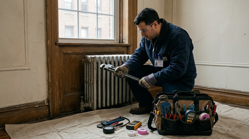 Cast iron steam radiator repair and valve replacement in Jamaica Estates, Queens