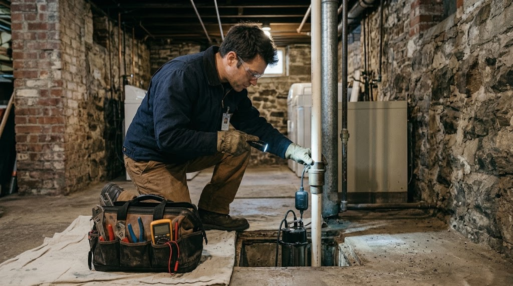 Cast iron submersible sump pump basin installation in Jamaica Estates basement
